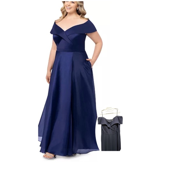 NWT Xscape Blue Sweetheart Neckline Off the Shoulder Gown 14W